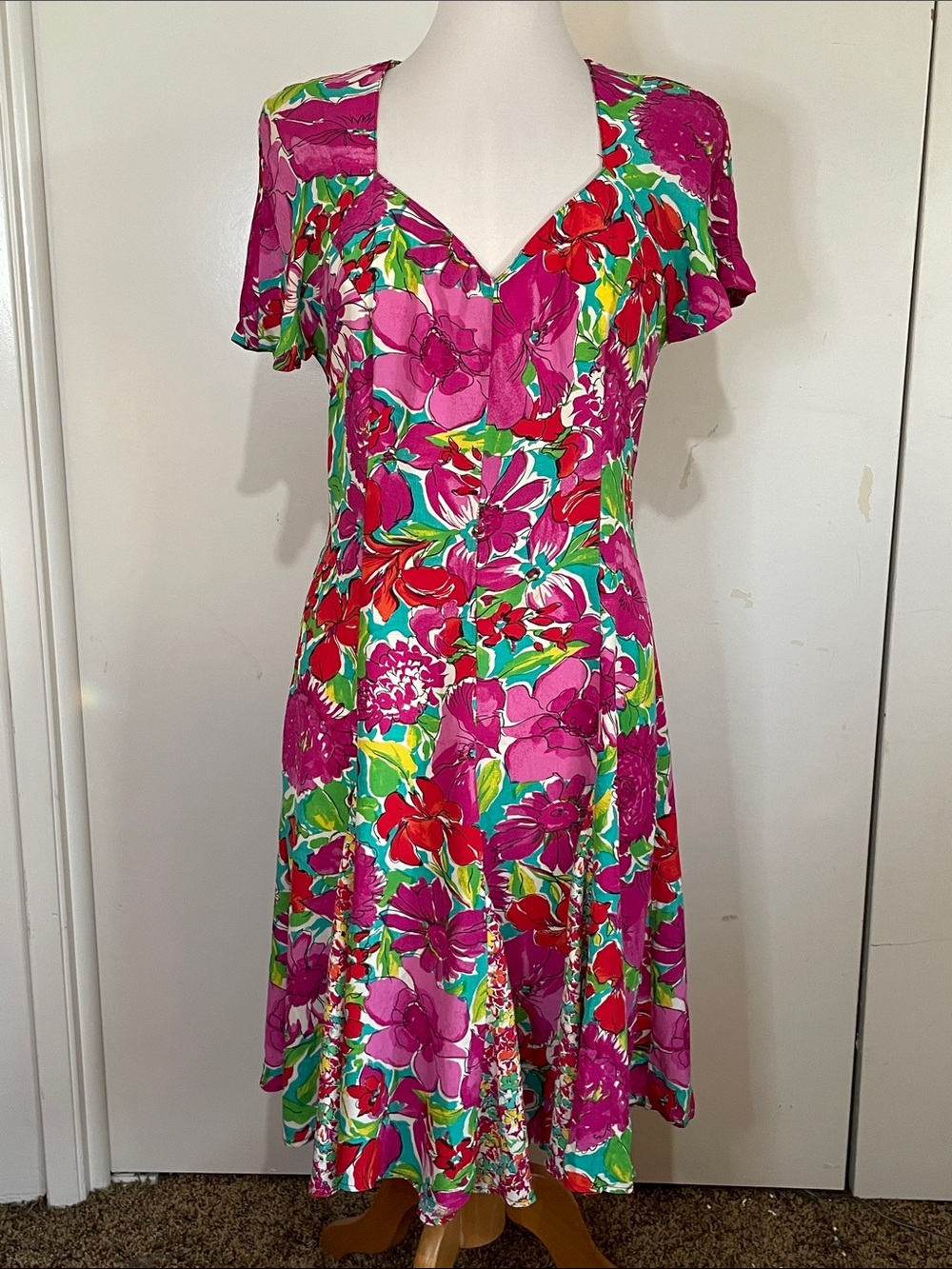Vintage Carole Little Pink Green & Magenta Floral Midi V-Neck Dress Sz8